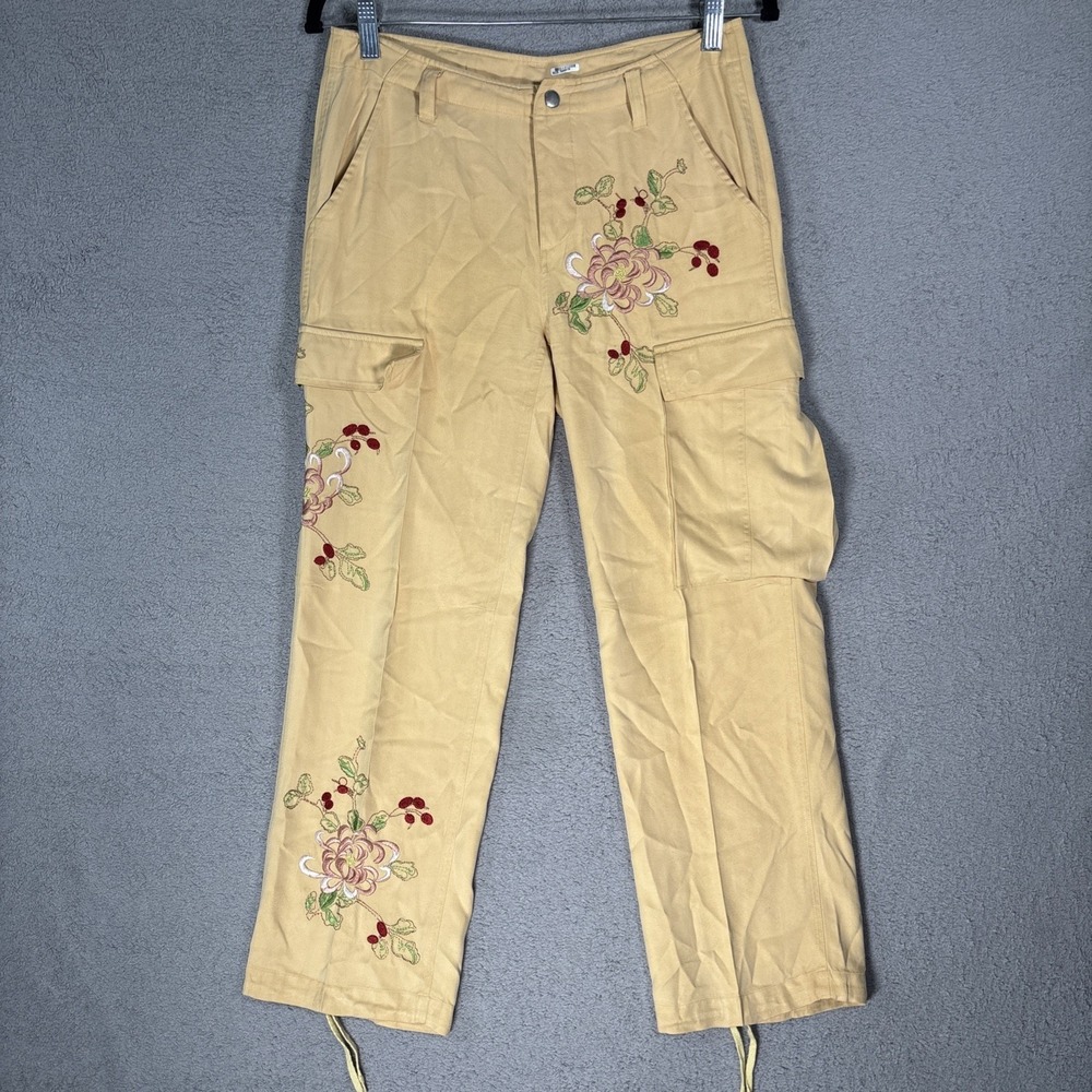 Boston Proper Silk Cargo Pants Yellow Floral Embroidered Womens 2 Fairy Y2K Boho